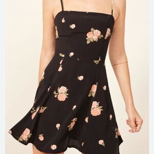 REFORMATION Clarice Black Floral Print Kendall Smocked Mini Tank Dress 2 = XS